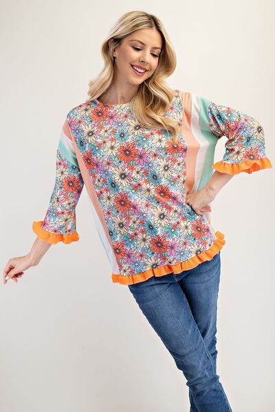 Celeste Full Size Ruffle Sleeve Floral Color Block Top Plus Size Blouses