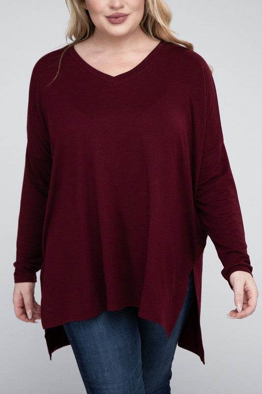 Plus Dolman Sleeve V-Neck Side Slit Hi-Low Hem Top - Shop Style & More | Fresh Looks, Everyday Deals & Free Shipping