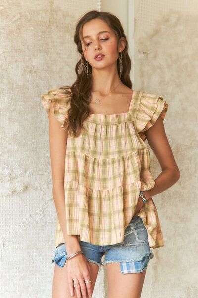 ADORA Ruffled Square Neck Cap Sleeve Babydoll Blouse Blouses