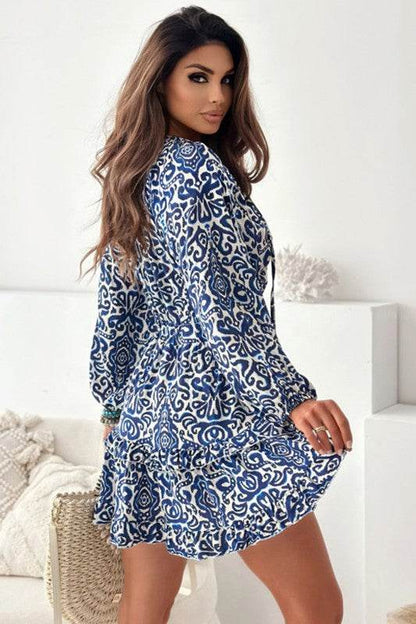 Women Print Lace up V Neck Long Sleeve Mini Dress - Shop Style & More | Fresh Looks, Everyday Deals & Free Shipping