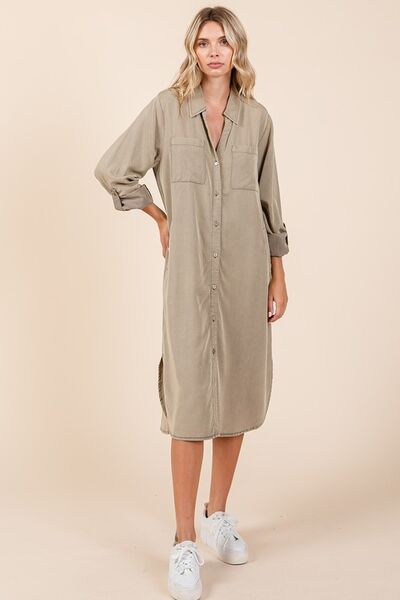 Mittoshop Button Down Long Sleeve Shirt Dress Hazelnut Casual Dresses