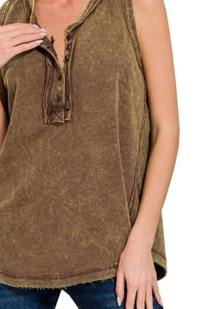 Zenana Washed Half-Button Raw Edge Sleeveless Henley Top - Shop Style & More | Fresh Looks, Everyday Deals & Free Shipping