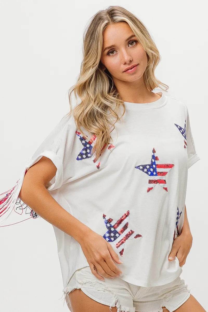 BiBi American Flag Sequin Star Fringe Top - Shop Style & More | Fresh Looks, Everyday Deals & Free Shipping