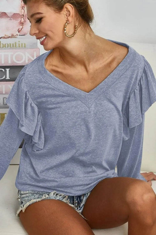 BiBi Triblend V Neck Top with Shoulder Shrring Detail - Shop Style & More | Fresh Looks, Everyday Deals & Free Shipping