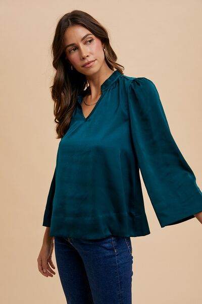 Annie Wear Satin Notched Three-Quarter Sleeve Blouse - Shop Style & More | Fresh Looks, Everyday Deals & Free Shipping