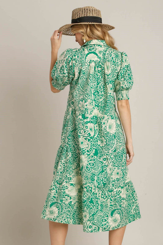 Umgee Full Size Printed Smocked Cuff Puff Sleeve Midi Dress Plus Size - Shop Style & More | Fresh Looks, Everyday Deals & Free Shipping