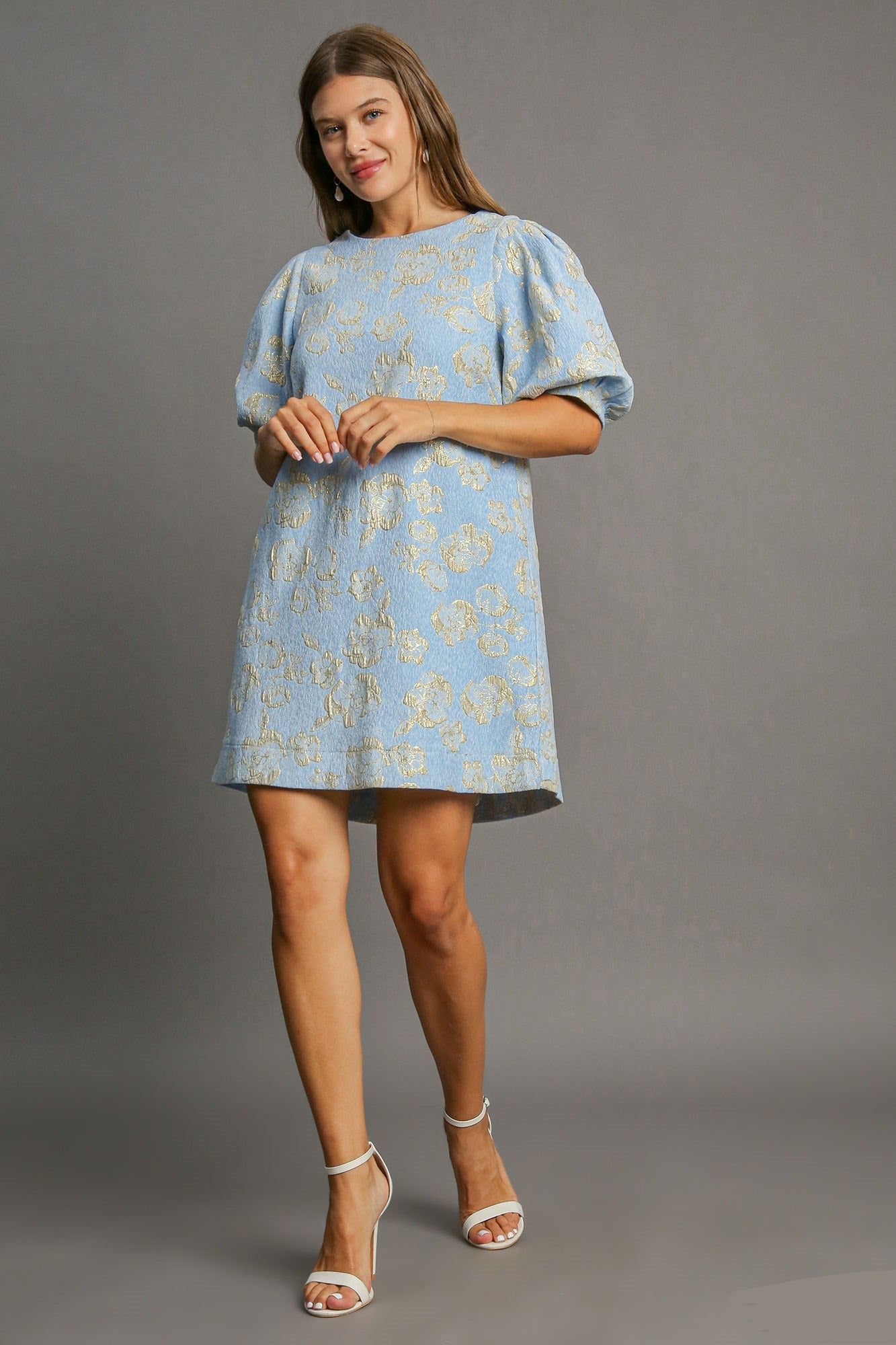 Umgee Floral Jacquard Puff Sleeve Mini Dress Casual Dresses