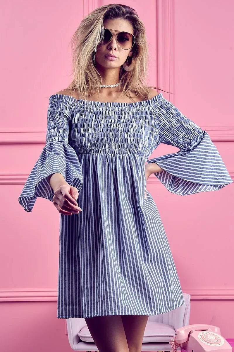 BiBi Smocked Off Shoulder Striped Dress - Shop Style & More | Fresh Looks, Everyday Deals & Free Shipping
