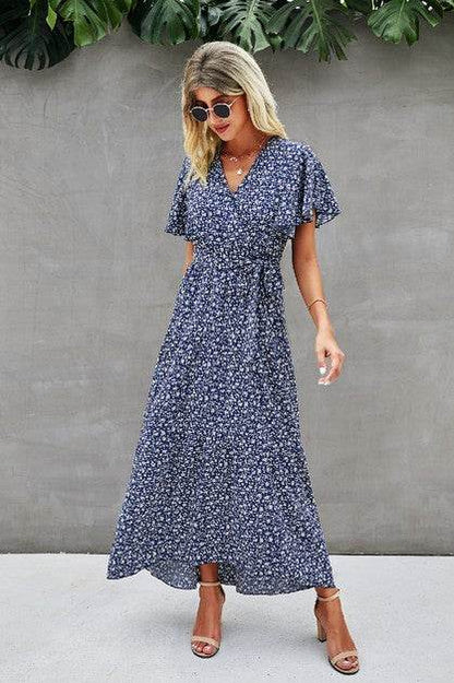 V Neck Blue Floral Short Sleeve Wrap Dress - Shop Style & More | Fresh Looks, Everyday Deals & Free Shipping