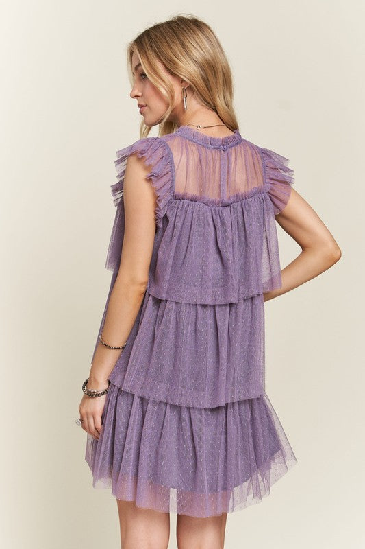 ADORA Layered Ruffled Cap Sleeve Mesh Dress Casual Dresses