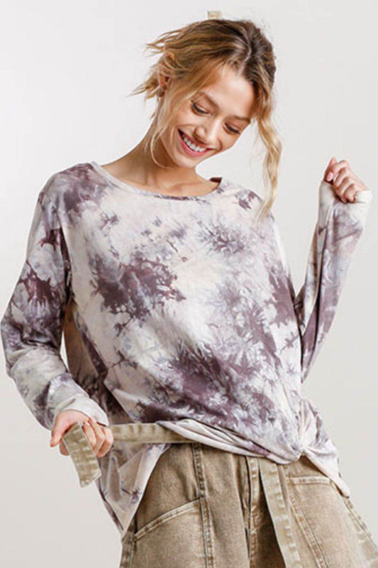 Umgee Full Size Tie Dye Front Gathered Detail Round Neck Long Sleeve T-Shirt Plus Size - Shop Style & More | Fresh Looks, Everyday Deals & Free Shipping