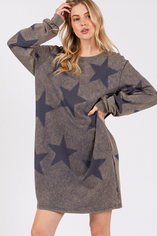 SAGE + FIG Washed Star Print Round Neck Dress Dark Gray Casual Dresses