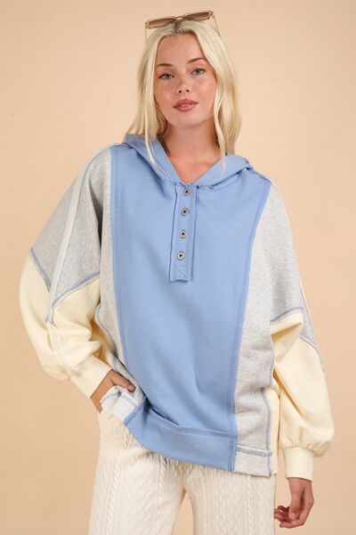 VERY J Exposed Seam Color Block Half Button Hoodie Blue Hoodies & Sweaters