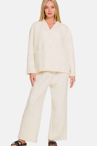 Zenana Quilted Button Up Long Sleeve Top and Pants Lounge Set Cream Lounge Set