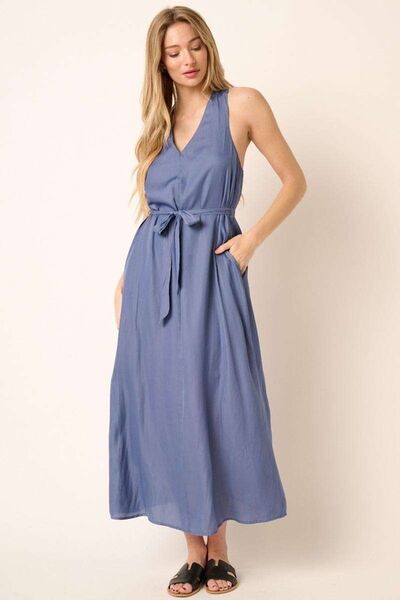 Mittoshop Cross Back Belted V Neck Tank Maxi Dress Dusty Blue Casual Dresses