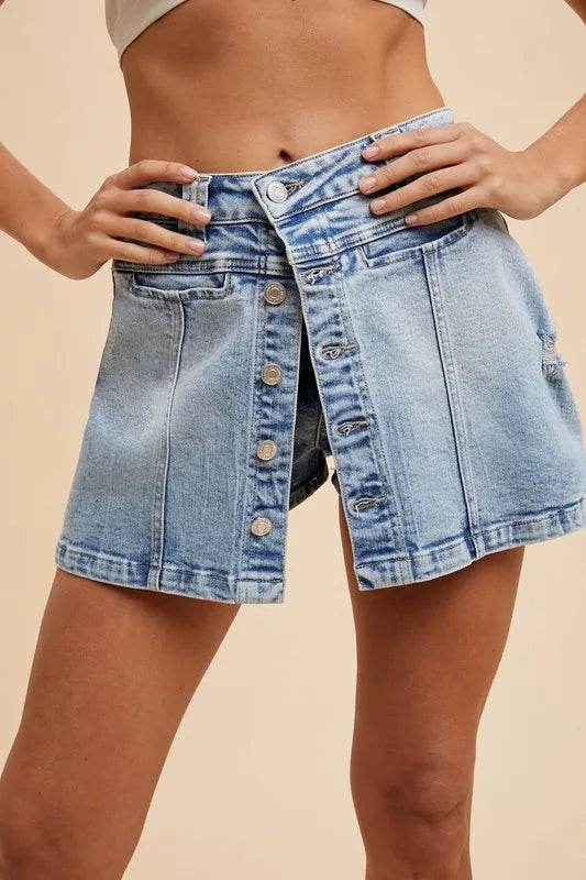 Annie Wear Button Detail Stretch Denim Wrap Mini Skort - Shop Style & More | Fresh Looks, Everyday Deals & Free Shipping