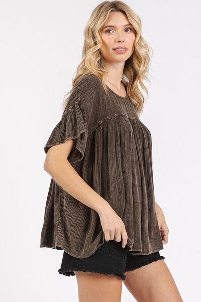 Mittoshop Mineral Washed Round Neck Ruffle Sleeve Blouse Blouses