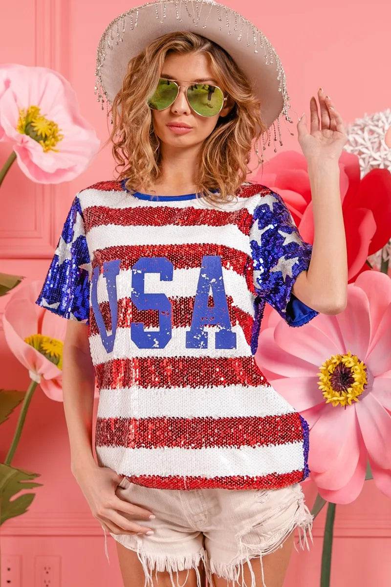 BiBi American Flag Theme USA Lettering Sequin Top - Shop Style & More | Fresh Looks, Everyday Deals & Free Shipping
