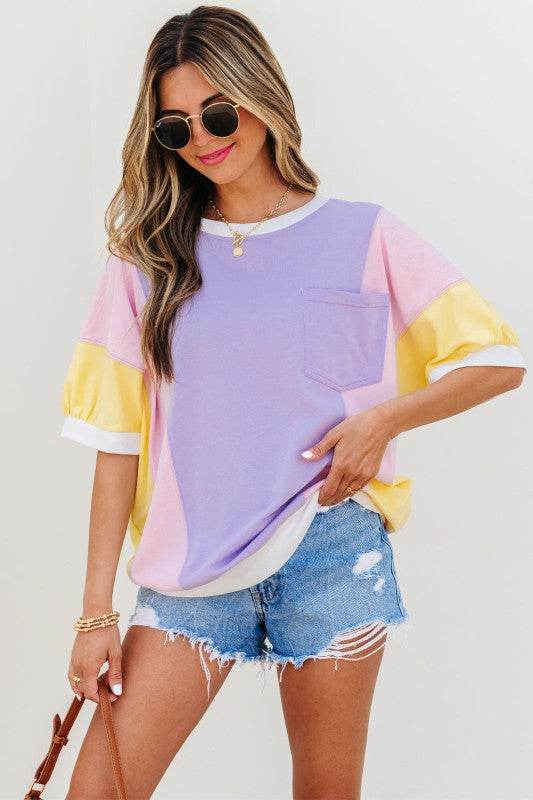 Zoe Patchwork Half Sleeve Oversized Top - Shop Style & More | Fresh Looks, Everyday Deals & Free Shipping