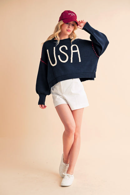 Aemi + Co USA Side Slit Round Neck Sweater Hoodies & Sweaters