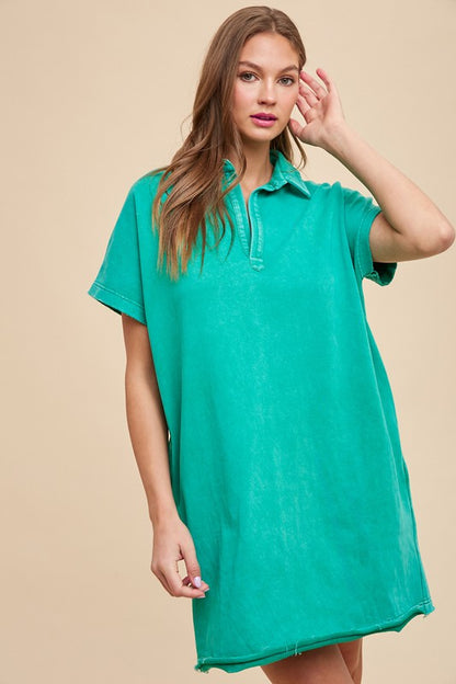 Annie Wear Mineral Washed Johnny Collar Short Sleeve Dress Turquoise Casual Dresses