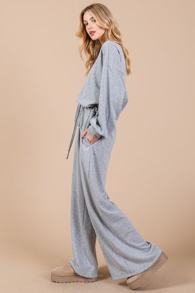 Ces Femme Boat Neck Long Sleeve Jumpsuit with Drawstring Detail Jumpsuits