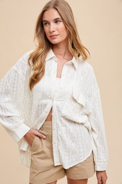 Annie Wear Openwork Button Down Drop Shoulder Shirt Ivory Blouses