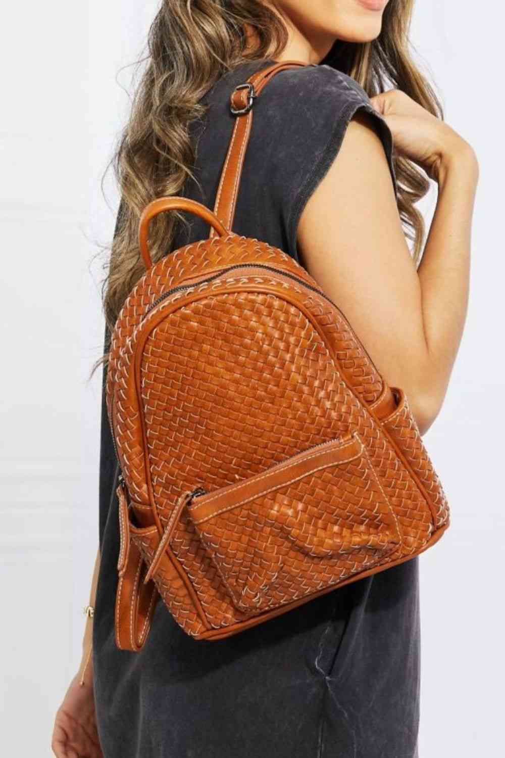 SHOMICO Certainly Chic Faux Leather Woven Backpack Brown One Size Bags