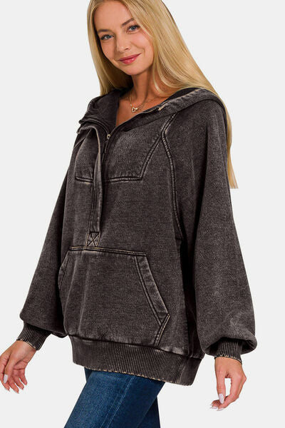 Zenana Acid Wash Fleece Kangaroo Hoodie Hoodies & Sweaters