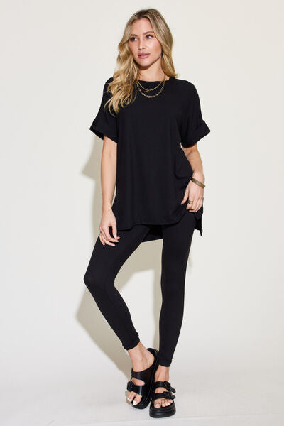 Zenana Plus Size Short Sleeve Slit T-Shirt and Leggings Lounge Set Black Lounge Set