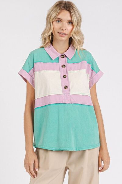 Mittoshop Color Block Henley Short Sleeve Polo Shirt Blouses