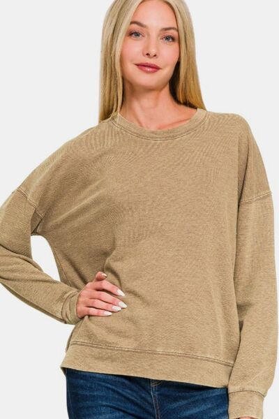 Zenana Washed Round Neck Dropped Shoulder Sweatshirt Camel Hoodies & Sweaters