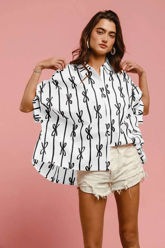 BiBi Bow Ribbon Woven Printed Button Down Shirt - Shop Style & More | Fresh Looks, Everyday Deals & Free Shipping