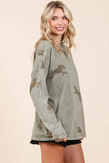 Mittoshop Mineral Wash Cheetah Print Long Sleeve Top - Shop Style & More | Fresh Looks, Everyday Deals & Free Shipping