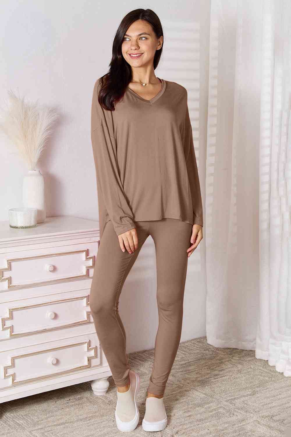 Basic Bae Full Size V-Neck Soft Rayon Long Sleeve Top and Pants Lounge Set Mocha Lounge Set