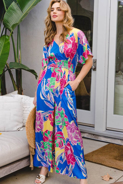 ODDI Full Size Floral Smocked Tied Back Jumpsuit - Shop Style & More | Fresh Looks, Everyday Deals & Free Shipping