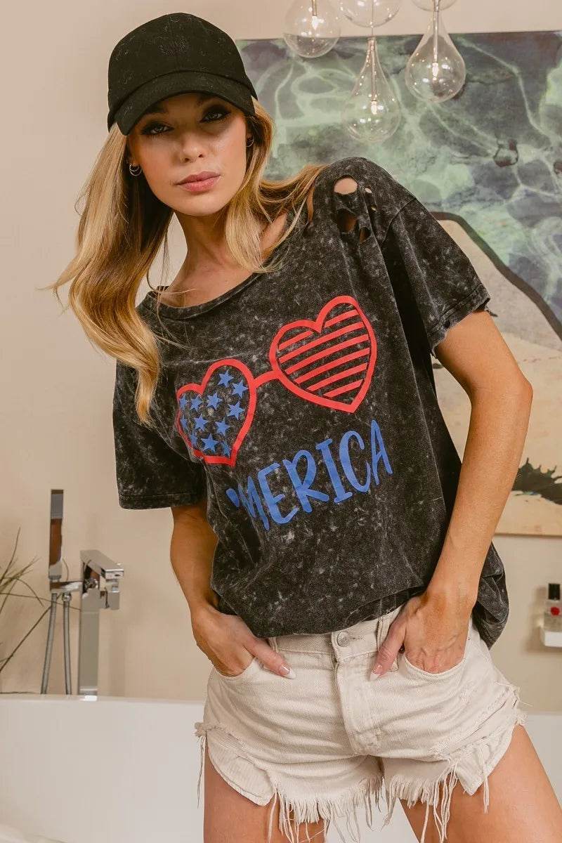 BiBi 4th Of July Theme Mineral Washed Laser Cut Top - Shop Style & More | Fresh Looks, Everyday Deals & Free Shipping