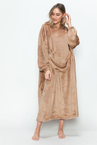 Double Take Full Size Pocketed Hooded Midi Lounge Dress Sleepwear