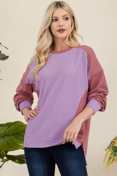 Celeste Full Size High-Low Contrast Round Neck Sweatshirt Hoodies & Sweaters