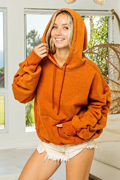 BiBi Ruched Long Sleeve Washed Fleece Hoodie Vintage Rust Hoodies & Sweaters