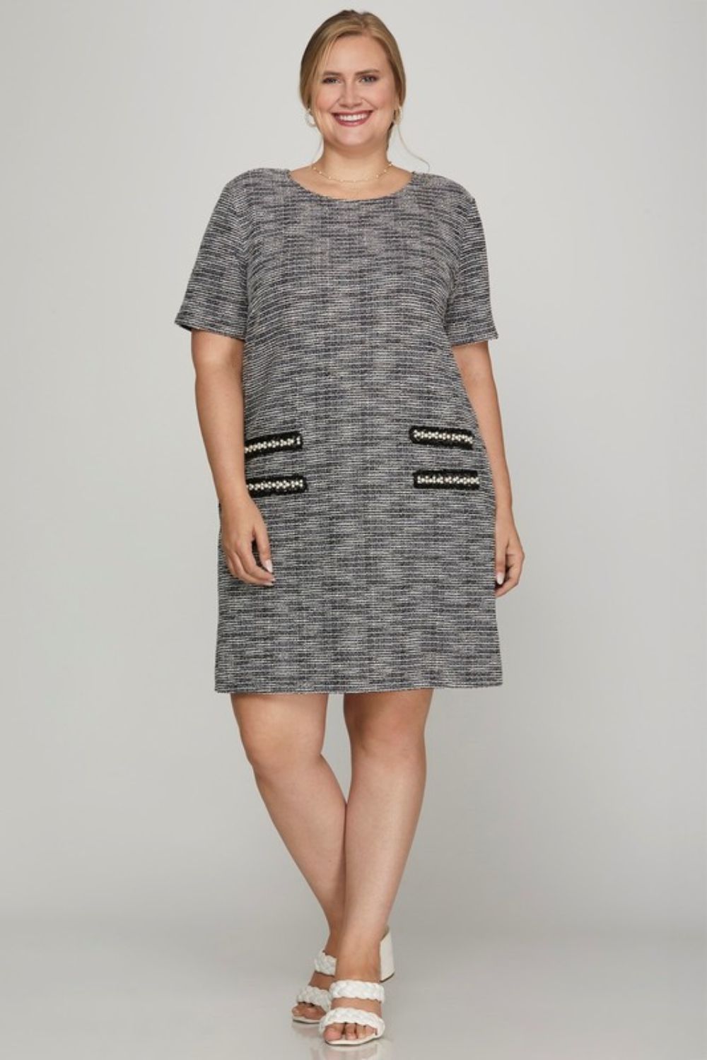 She + Sky Full Size Short Sleeve Pearl Studded Trim Knit Tweed Dress Plus Size Casual Dresses