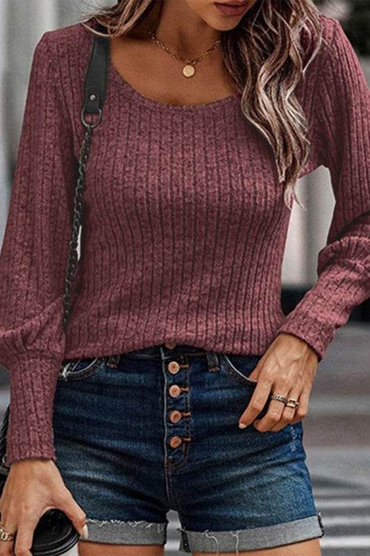 Mabel Ribbed Bishop Sleeve Round Neck Top - Shop Style & More | Fresh Looks, Everyday Deals & Free Shipping
