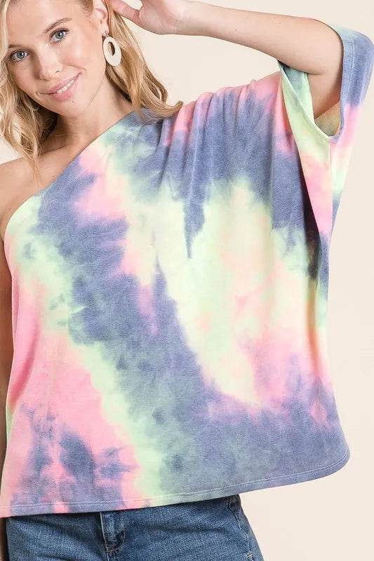 BiBi Tie Dye French Terry One Shoulder Top with Dolman - Shop Style & More | Fresh Looks, Everyday Deals & Free Shipping