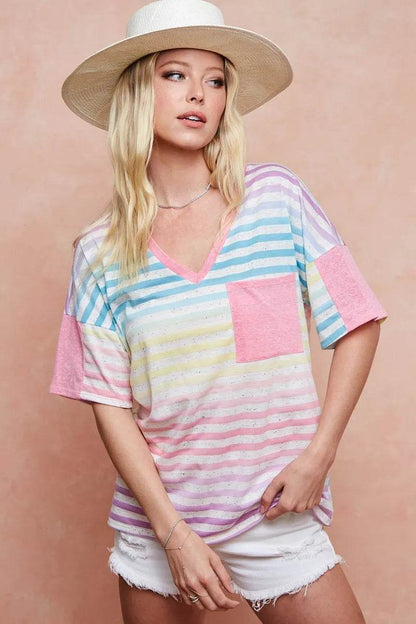 BiBi Rainbow Stripe Printed Triblend Knit Top - Shop Style & More | Fresh Looks, Everyday Deals & Free Shipping