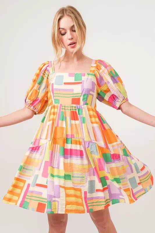 And The Why Square Neck Puff Sleeve Geo Printed Mini Dress - Shop Style & More | Fresh Looks, Everyday Deals & Free Shipping