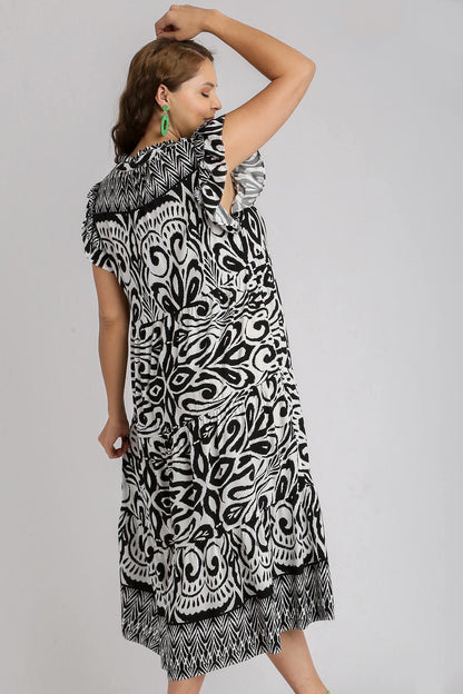 Umgee Full Size Two Tone Border Print Ruffle Cap Sleeve Midi Dress Plus Size Casual Dresses