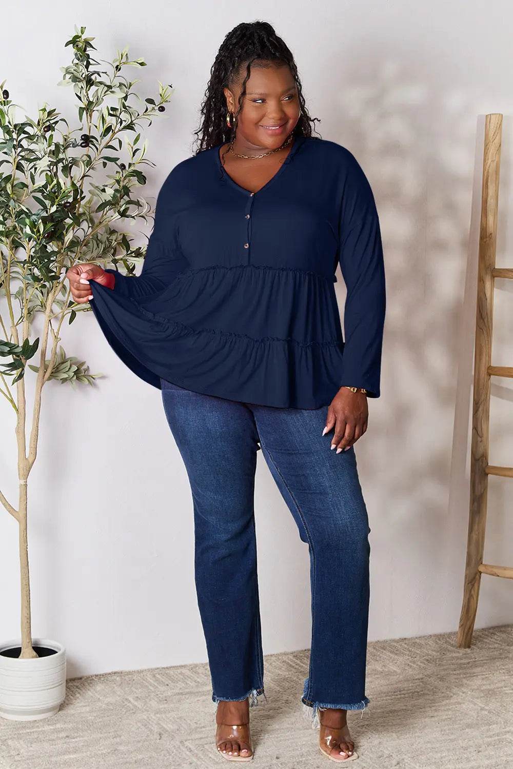 Double Take Half Button Long Sleeve Ruffle Hem Blouse - Shop Style & More | Fresh Looks, Everyday Deals & Free Shipping