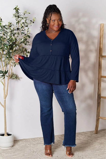 Double Take Half Button Long Sleeve Ruffle Hem Blouse - Shop Style & More | Fresh Looks, Everyday Deals & Free Shipping
