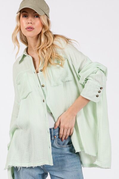 SAGE + FIG Frayed Hem Side Slit Button Down Shirt Light Green Blouses