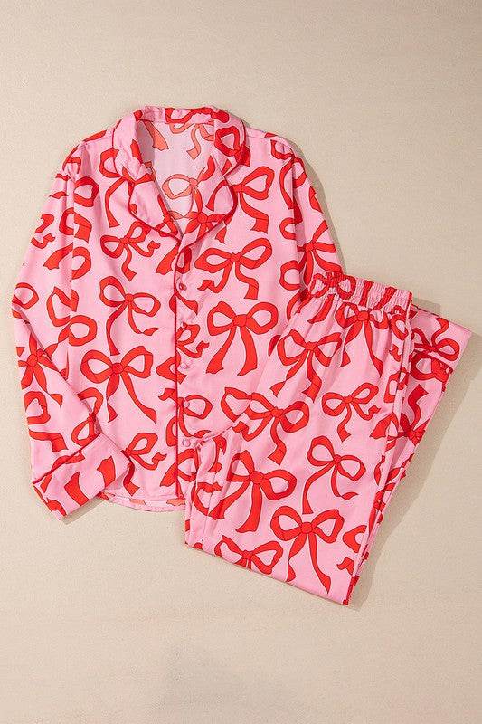 2pcs Bow Print Shirt Style Long Sleeve Pajama Set - Shop Style & More | Fresh Looks, Everyday Deals & Free Shipping